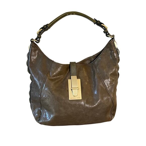 Michael Kors Olive Green Leather Studded Shoulder Bag Y2K Edgy Boho Hobo Fall - Picture 1 of 11